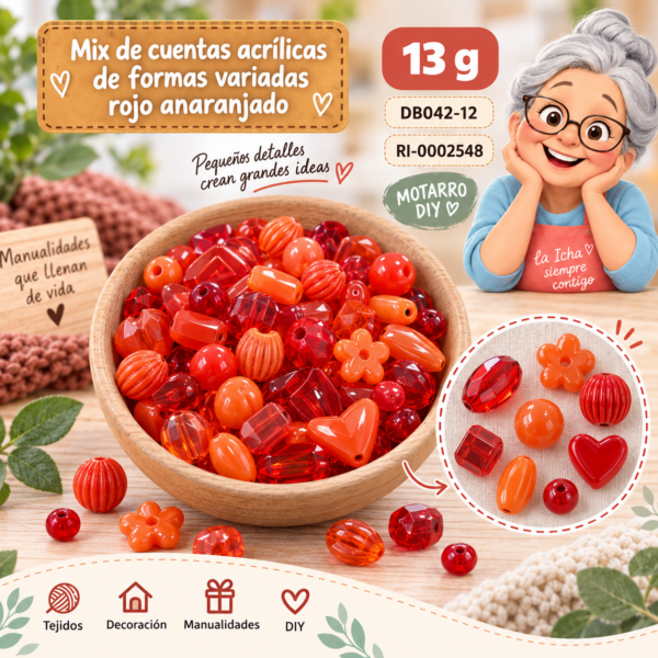 Mix de cuentas acrílicas de formas variadas rojo anaranjado – 13 g