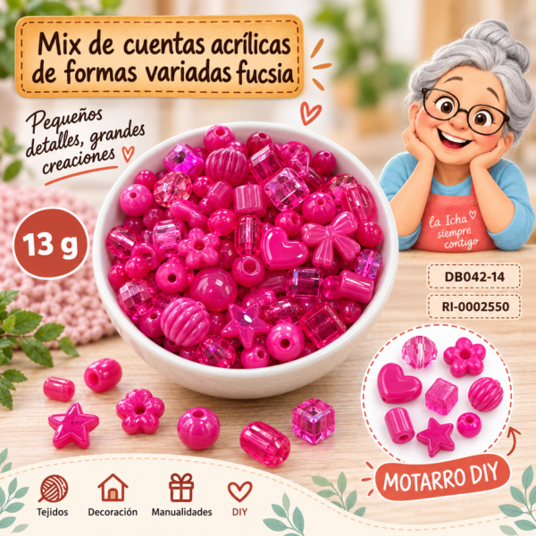Mix de cuentas acrílicas de formas variadas fucsia – 13 g
