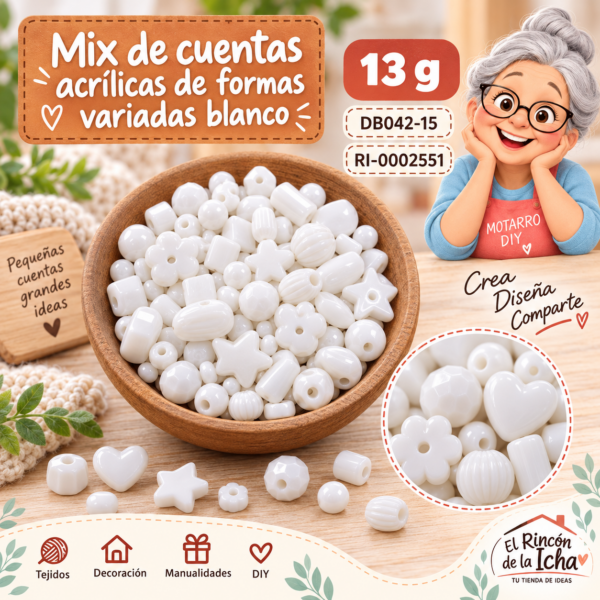 Mix de cuentas acrílicas de formas variadas blanco – 13 g