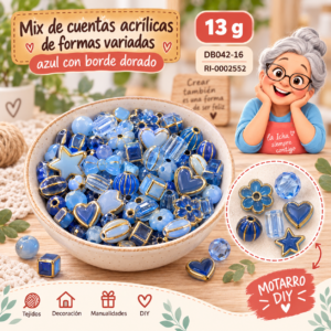 ri-0002552-db042-16 Mix de cuentas acrílicas de formas variadas azul con borde dorado – 13 g