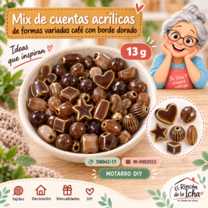 ri-0002553-db042-17 Mix de cuentas acrílicas de formas variadas café con borde dorado – 13 g