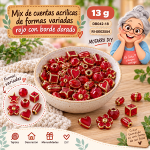 ri-0002554-db042-18 Mix de cuentas acrílicas de formas variadas rojo con borde dorado – 13 g