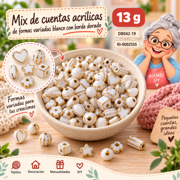 Mix de cuentas acrílicas de formas variadas blanco con borde dorado – 13 g