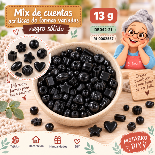 Mix de cuentas acrílicas de formas variadas negro sólido – 13 g