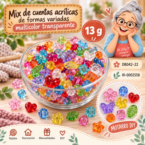 Mix de cuentas acrílicas de formas variadas multicolor transparente – 13 g