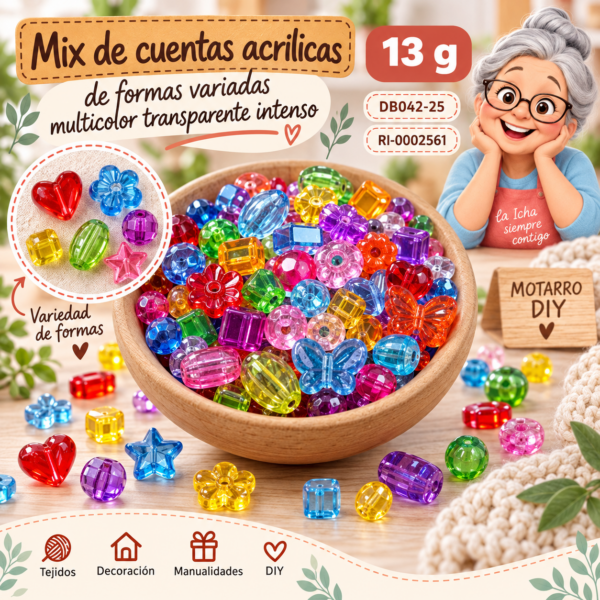 Mix de cuentas acrílicas de formas variadas multicolor transparente intenso – 13 g