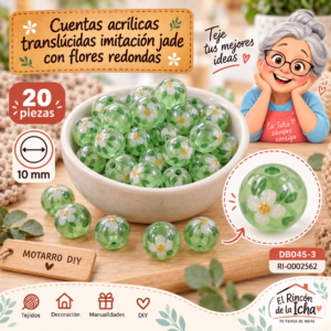ri-0002562-db045-3 Cuentas acrílicas translúcidas imitación jade con flores redondas – 20 piezas – 10 mm