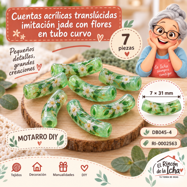Cuentas acrílicas translúcidas imitación jade con flores en tubo curvo – 7 piezas – 7 × 31 mm
