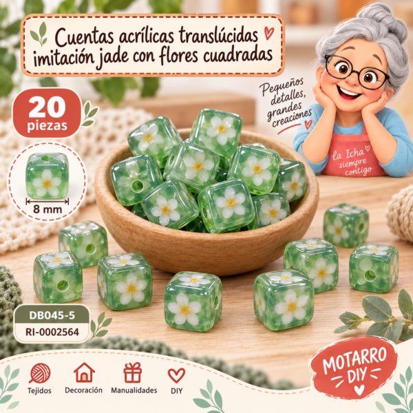 Cuentas acrílicas translúcidas imitación jade con flores cuadradas – 20 piezas – 8 mm