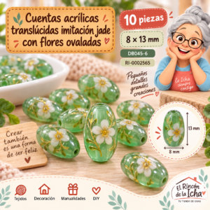 ri-0002565-db045-6 Cuentas acrílicas translúcidas imitación jade con flores ovaladas – 10 piezas – 8 × 13 mm