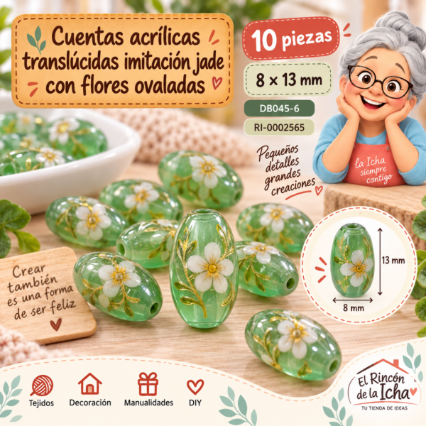 Cuentas acrílicas translúcidas imitación jade con flores ovaladas – 10 piezas – 8 × 13 mm