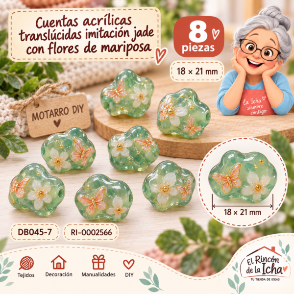 Cuentas acrílicas translúcidas imitación jade con flores de mariposa – 8 piezas – 18 × 21 mm