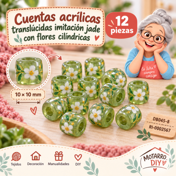 Cuentas acrílicas translúcidas imitación jade con flores cilíndricas – 12 piezas – 10 × 10 mm