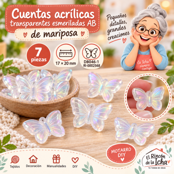Cuentas acrílicas transparentes esmeriladas AB de mariposa – 7 piezas – 17 × 20 mm