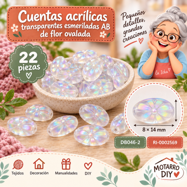 Cuentas acrílicas transparentes esmeriladas AB de flor ovalada – 22 piezas – 8 × 14 mm