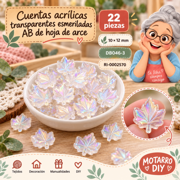 Cuentas acrílicas transparentes esmeriladas AB de hoja de arce – 22 piezas – 10 × 12 mm