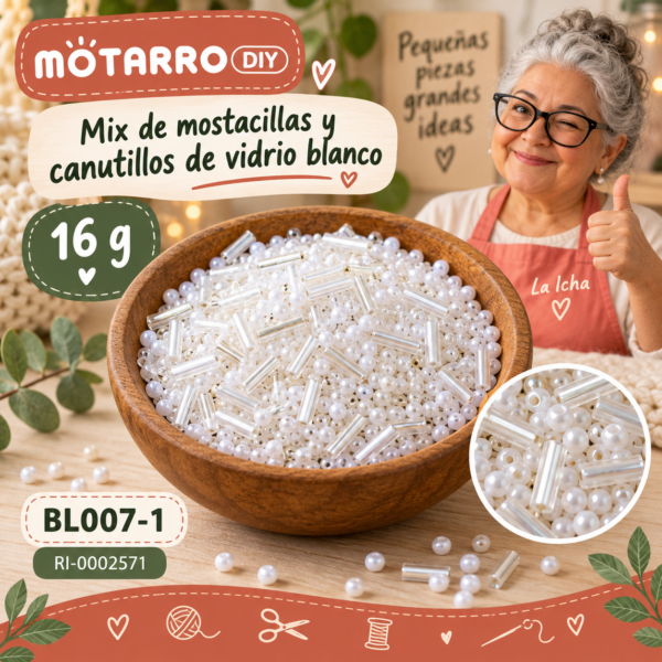 Mix de mostacillas y canutillos de vidrio blanco – 16 g