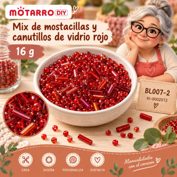 Mix de mostacillas y canutillos de vidrio rojo – 16 g