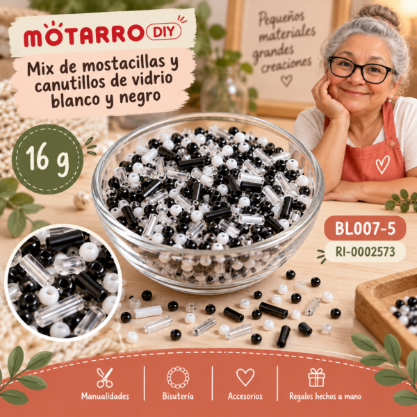Mix de mostacillas y canutillos de vidrio blanco y negro – 16 g
