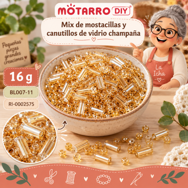 Mix de mostacillas y canutillos de vidrio champaña – 16 g