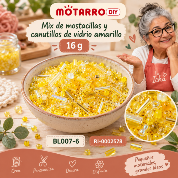 Mix de mostacillas y canutillos de vidrio amarillo – 16 g