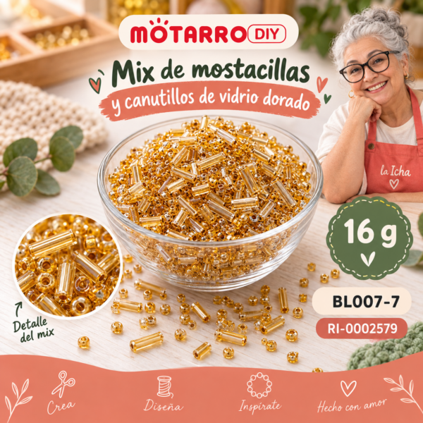 Mix de mostacillas y canutillos de vidrio dorado – 16 g