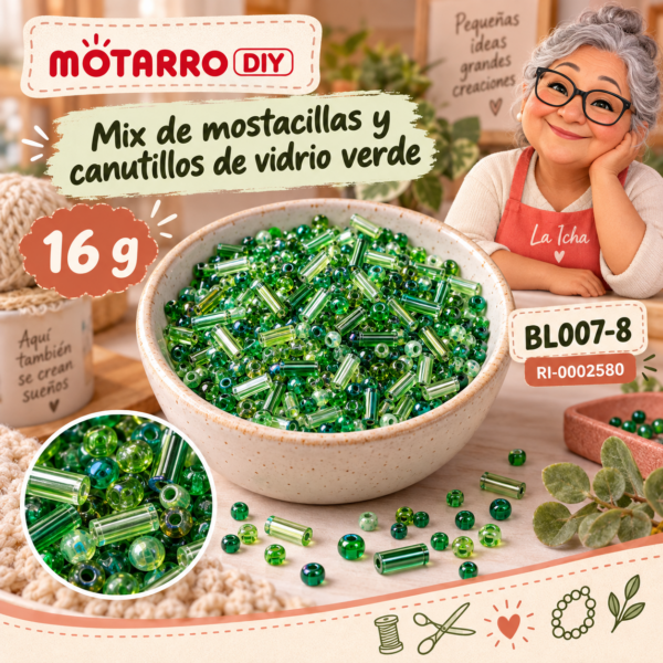 Mix de mostacillas y canutillos de vidrio verde – 16 g