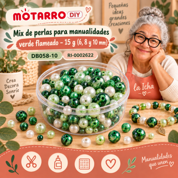 Mix de perlas para manualidades verde flameado – 15 g (6, 8 y 10 mm)