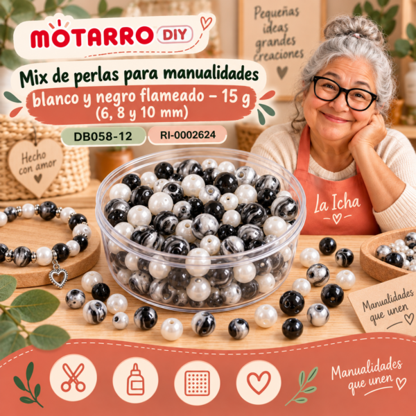 Mix de perlas para manualidades blanco y negro flameado – 15 g (6, 8 y 10 mm)