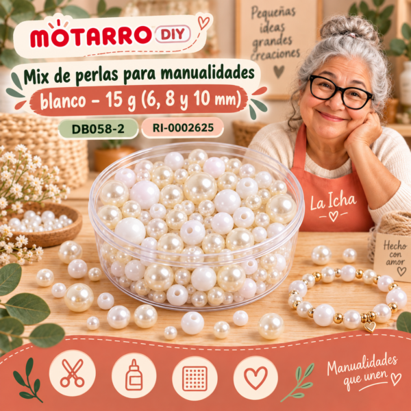 ri-0002625-db058-2 Mix de perlas para manualidades blanco – 15 g (6, 8 y 10 mm)