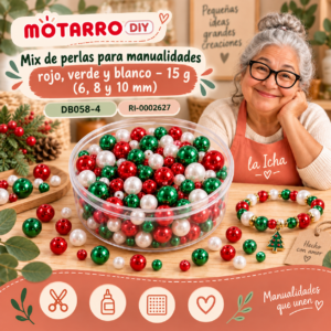ri-0002627-db058-4 Mix de perlas para manualidades rojo, verde y blanco – 15 g (6, 8 y 10 mm)
