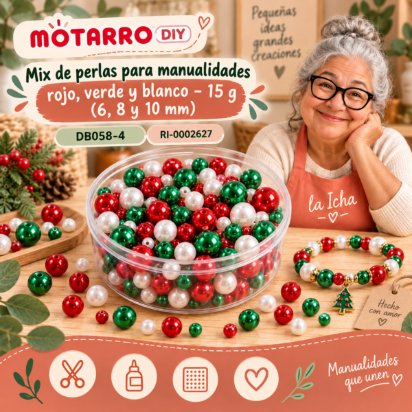 Mix de perlas para manualidades rojo, verde y blanco – 15 g (6, 8 y 10 mm)