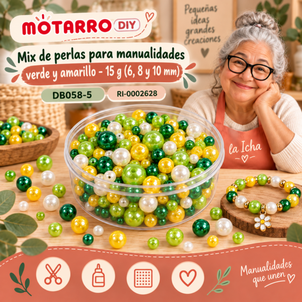 Mix de perlas para manualidades verde y amarillo – 15 g (6, 8 y 10 mm)