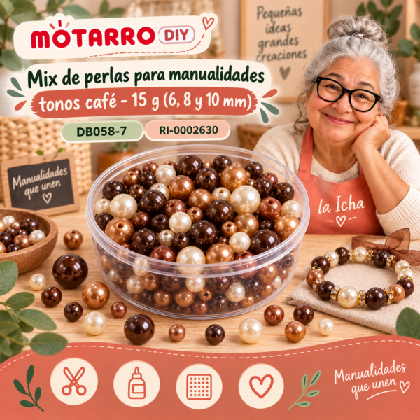 ri-0002630-db058-7 Mix de perlas para manualidades tonos café – 15 g (6, 8 y 10 mm)