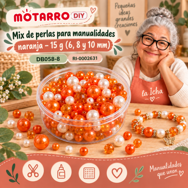 Mix de perlas para manualidades naranja – 15 g (6, 8 y 10 mm)