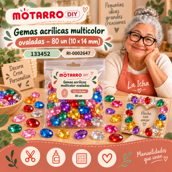 ri-0002647-133452 Gemas acrílicas multicolor ovaladas – 80 un (10 × 14 mm)