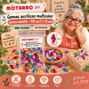 ri-0002649-ref-133455 Gemas acrílicas multicolor forma navette – 100 un (7 × 15 mm)