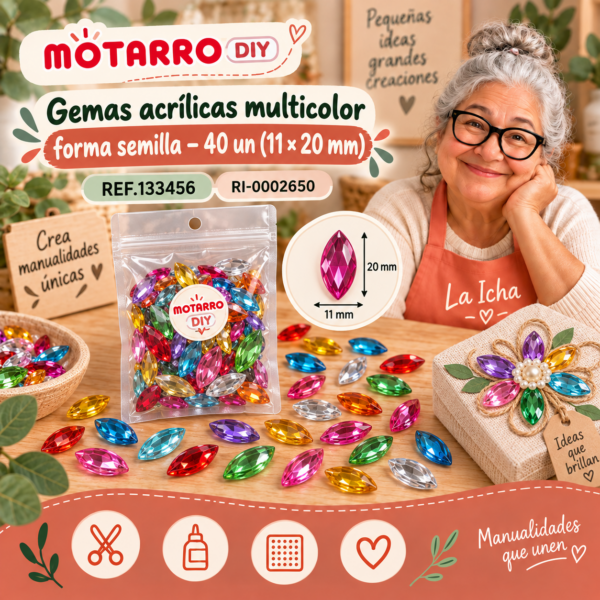 Gemas acrílicas multicolor forma semilla – 40 un (11 × 20 mm)
