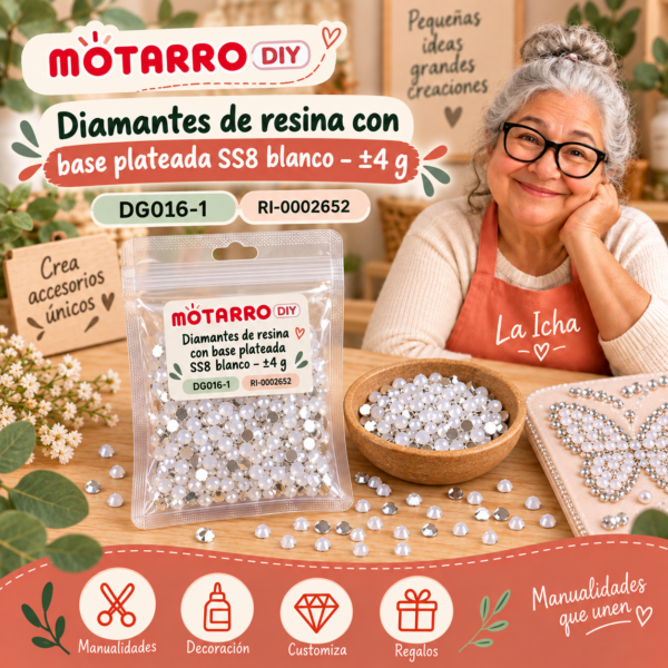 ri-0002652-dg016-1 Diamantes de resina con base plateada SS8 blanco – ±4 g