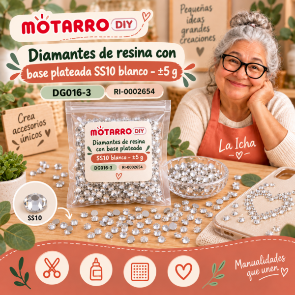 ri-0002654-dg016-3 Diamantes de resina con base plateada SS10 blanco – ±5 g