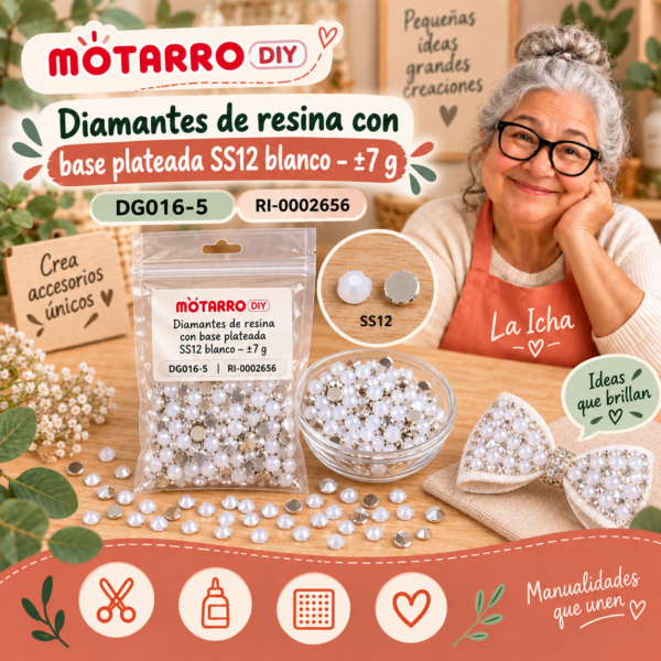 ri-0002656-dg016-5 Diamantes de resina con base plateada SS12 blanco – ±7 g