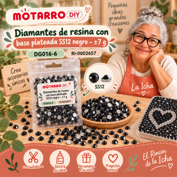 ri-0002657-dg016-6 Diamantes de resina con base plateada SS12 negro – ±7 g