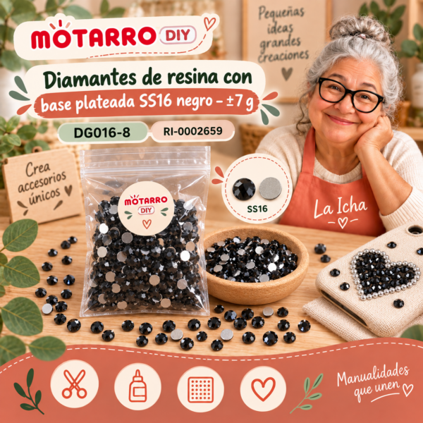 ri-0002659-dg016-8 Diamantes de resina con base plateada SS16 negro – ±7 g