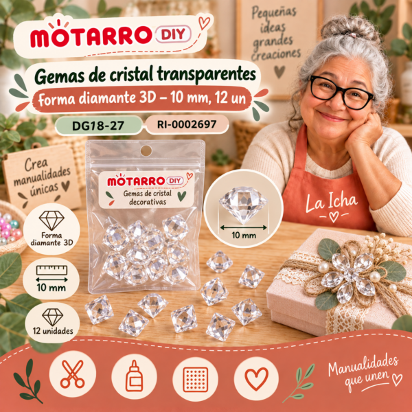 ri-0002697-dg18-27 Gemas de cristal transparentes forma diamante 3D – 10 mm, 12 un