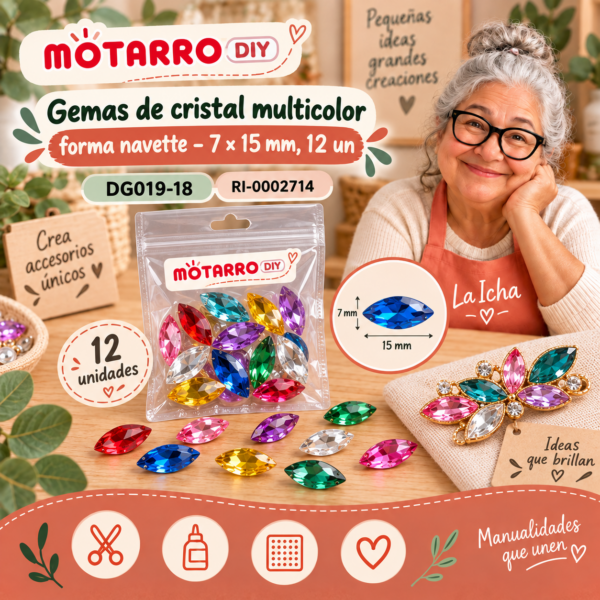 ri-0002714-dg019-18 Gemas de cristal multicolor forma navette – 7 × 15 mm, 12 un