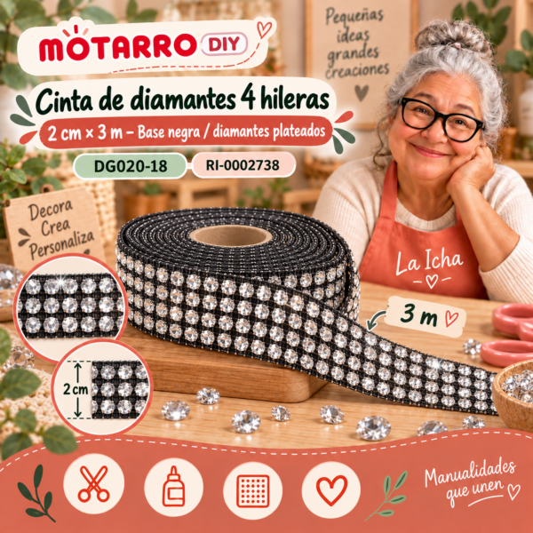 Cinta de diamantes 4 hileras – 2 cm × 3 m – Base negra con diamantes plateados