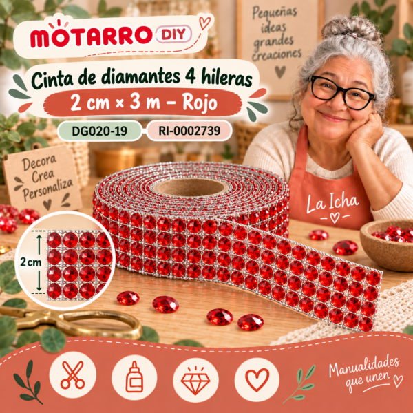 ri-0002739-dg020-19 Cinta de diamantes 4 hileras – 2 cm × 3 m – Rojo