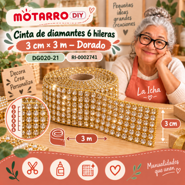 Cinta de diamantes 6 hileras – 3 cm × 3 m – Dorado