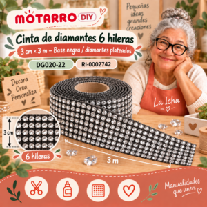 ri-0002742-dg020-22 Cinta de diamantes 6 hileras – 3 cm × 3 m – Base negra con diamantes plateados
