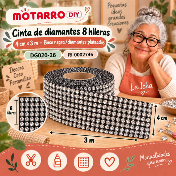 Cinta de diamantes 8 hileras – 4 cm × 3 m – Base negra con diamantes plateados